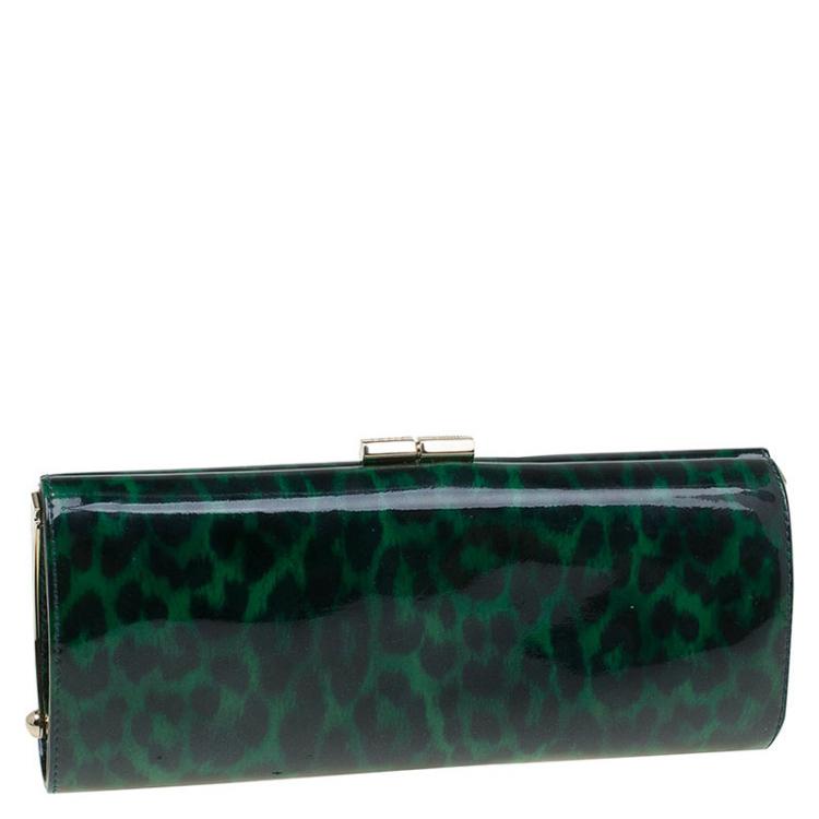 مملوكة مسبقًا Jimmy Choo Green/Black Leopard Print Patent Leather Twill Tube Clutch