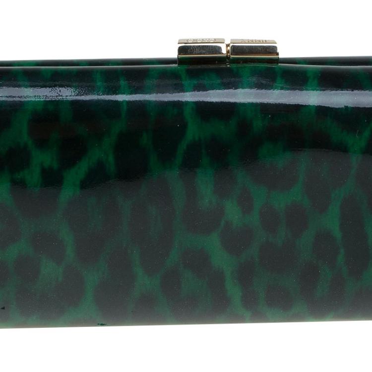 مملوكة مسبقًا Jimmy Choo Green/Black Leopard Print Patent Leather Twill Tube Clutch