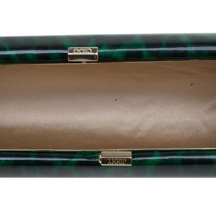 مملوكة مسبقًا Jimmy Choo Green/Black Leopard Print Patent Leather Twill Tube Clutch