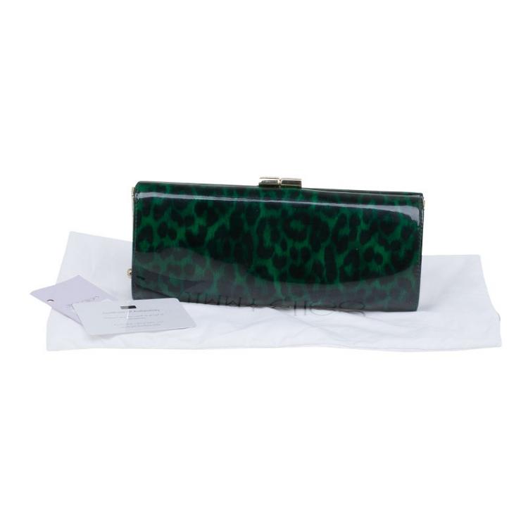 مملوكة مسبقًا Jimmy Choo Green/Black Leopard Print Patent Leather Twill Tube Clutch