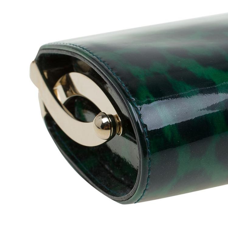 مملوكة مسبقًا Jimmy Choo Green/Black Leopard Print Patent Leather Twill Tube Clutch