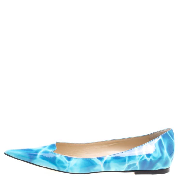 Pre Owned Jimmy Choo Turquoise Swimming Pool Print Patent Leather Attila Ballet Flats Size 39.5
