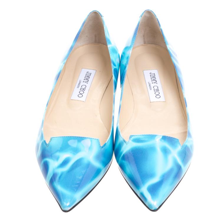 Pre Owned Jimmy Choo Turquoise Swimming Pool Print Patent Leather Attila Ballet Flats Size 39.5