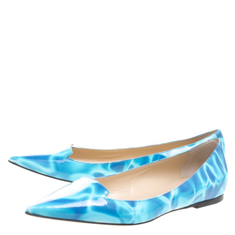 Pre Owned Jimmy Choo Turquoise Swimming Pool Print Patent Leather Attila Ballet Flats Size 39.5