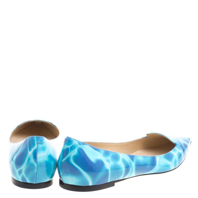 Pre Owned Jimmy Choo Turquoise Swimming Pool Print Patent Leather Attila Ballet Flats Size 39.5