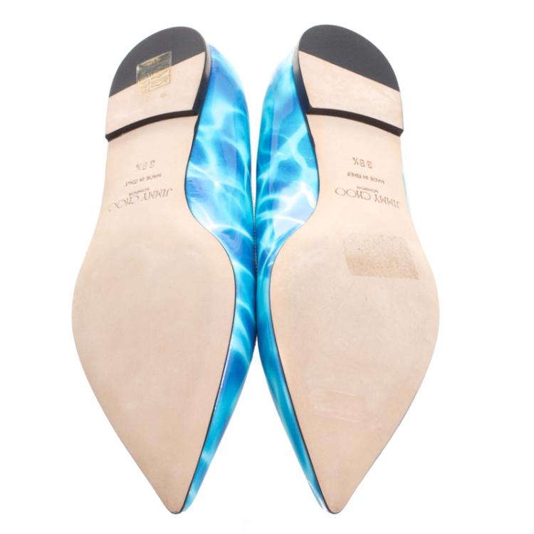 Pre Owned Jimmy Choo Turquoise Swimming Pool Print Patent Leather Attila Ballet Flats Size 39.5