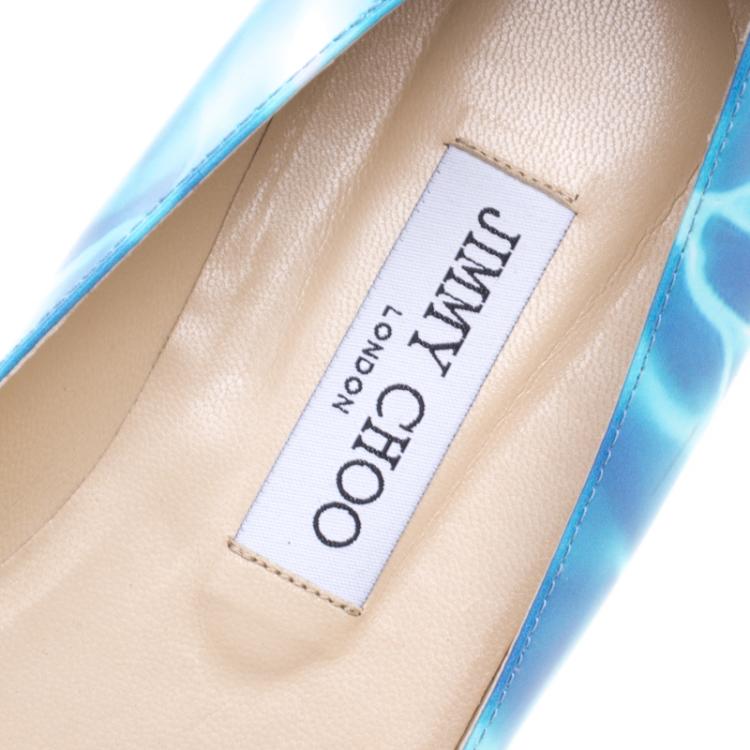 Pre Owned Jimmy Choo Turquoise Swimming Pool Print Patent Leather Attila Ballet Flats Size 39.5