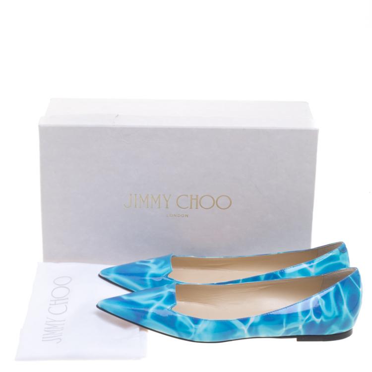 Pre Owned Jimmy Choo Turquoise Swimming Pool Print Patent Leather Attila Ballet Flats Size 39.5