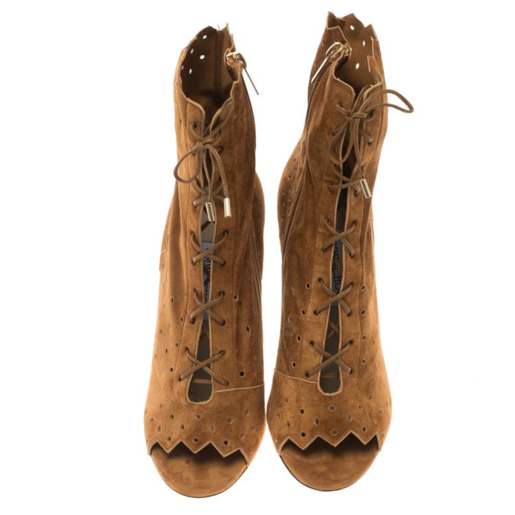 Pre Owned Jimmy Choo Brown Perforated Suede Dei Peep Toe Lace Up  Ankle Boots Size 40