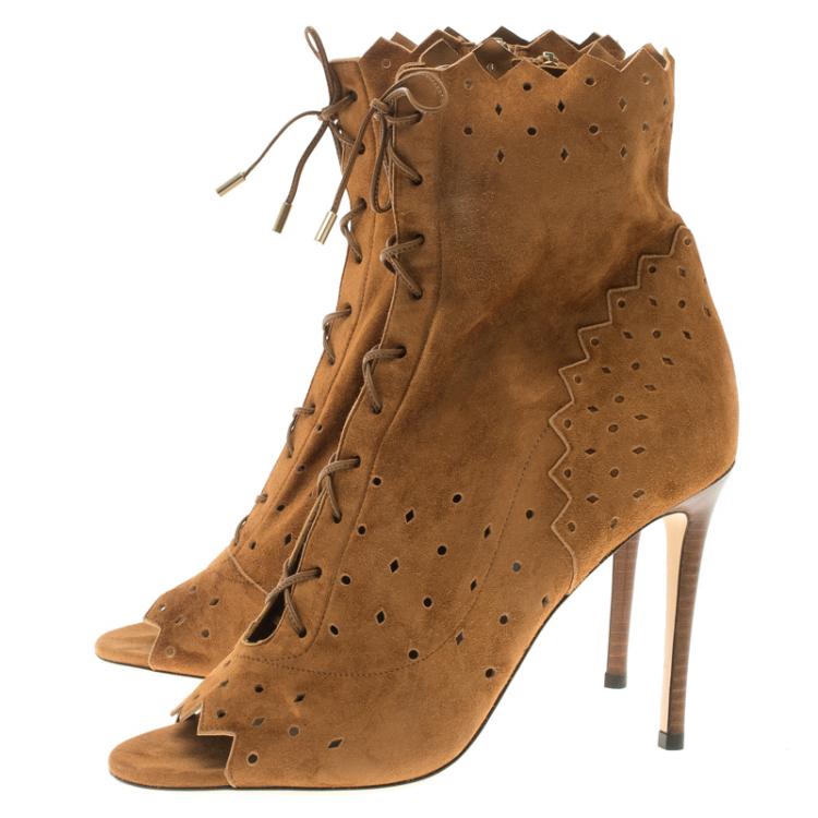 Pre Owned Jimmy Choo Brown Perforated Suede Dei Peep Toe Lace Up  Ankle Boots Size 40