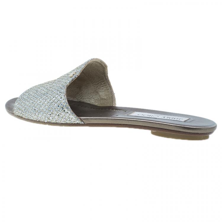 Pre Owned Jimmy Choo Silver Glitter Nanda Slides Size 38