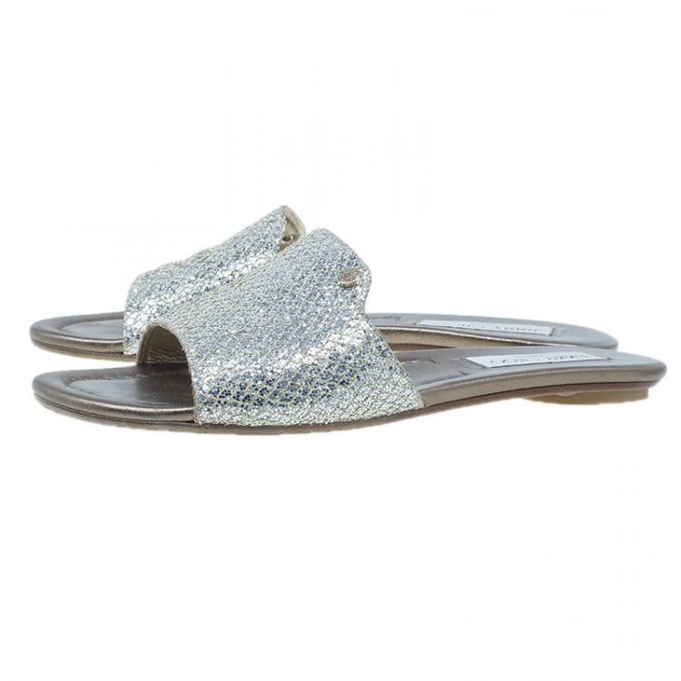 Pre Owned Jimmy Choo Silver Glitter Nanda Slides Size 38