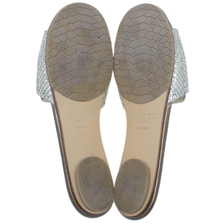 Pre Owned Jimmy Choo Silver Glitter Nanda Slides Size 38