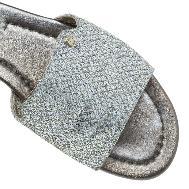 Pre Owned Jimmy Choo Silver Glitter Nanda Slides Size 38