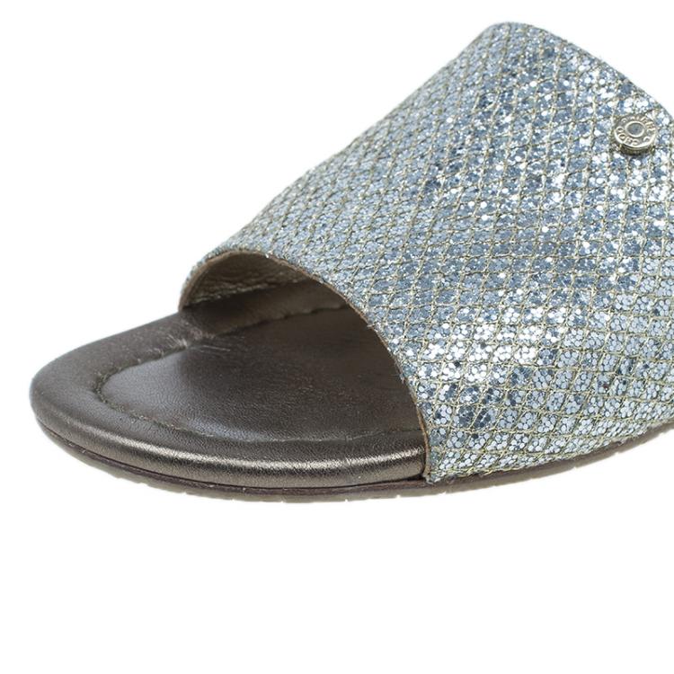 Pre Owned Jimmy Choo Silver Glitter Nanda Slides Size 38