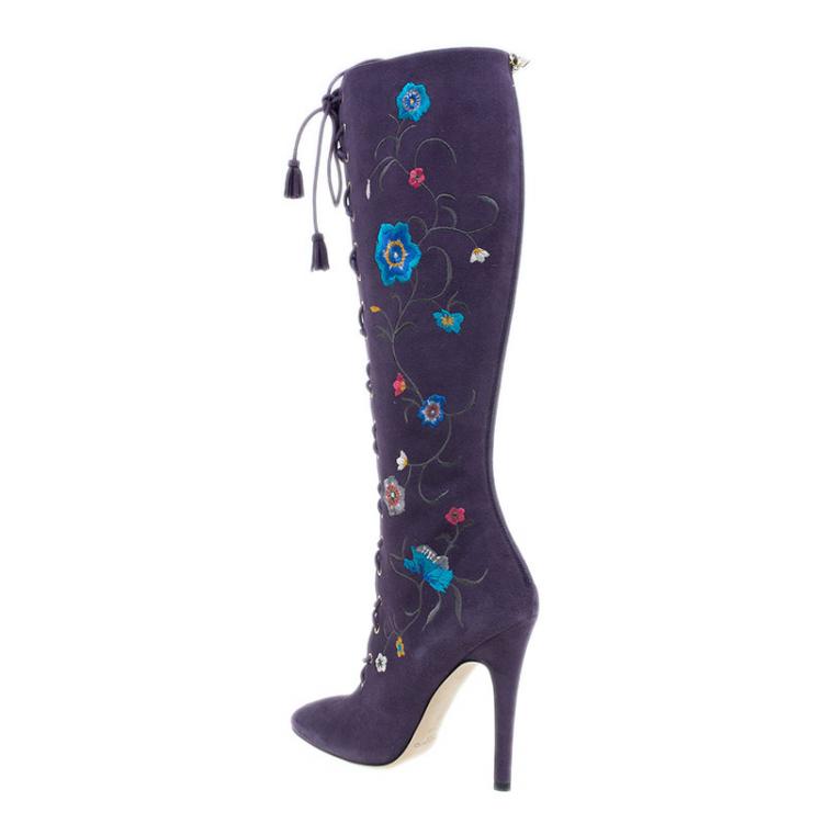 مملوكة مسبقًا Jimmy Choo Purple Suede Floral Embroidered Colorado Knee Boots Size 38 