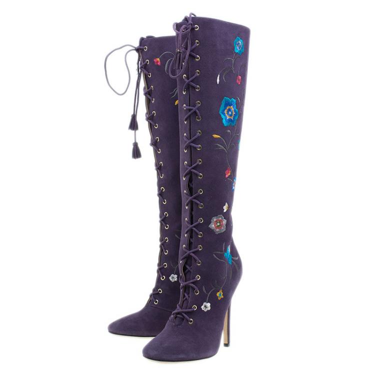 مملوكة مسبقًا Jimmy Choo Purple Suede Floral Embroidered Colorado Knee Boots Size 38 