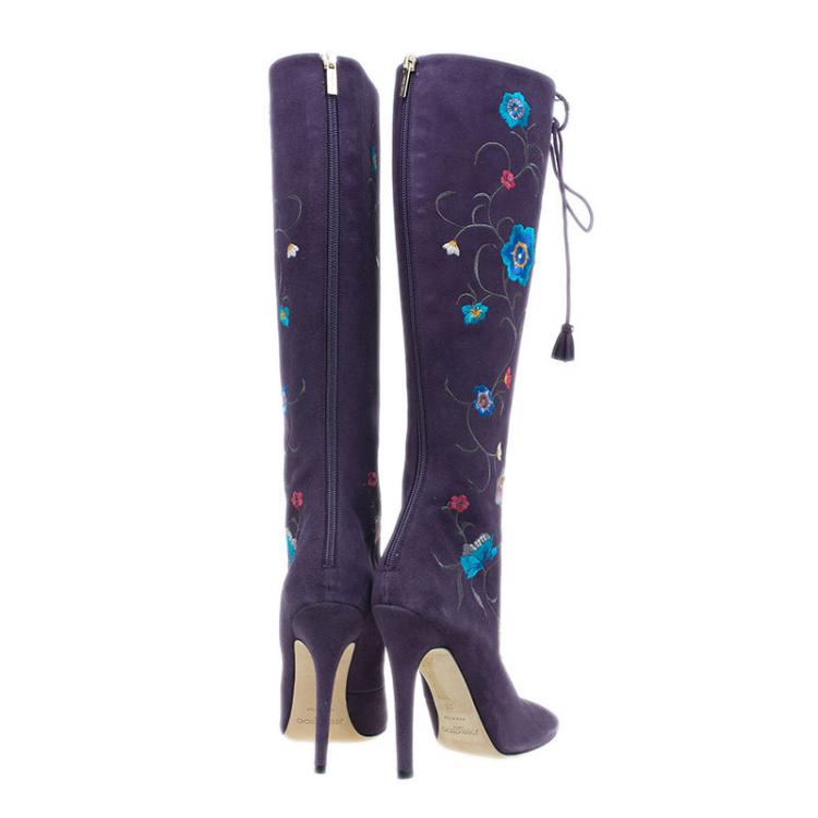 مملوكة مسبقًا Jimmy Choo Purple Suede Floral Embroidered Colorado Knee Boots Size 38 