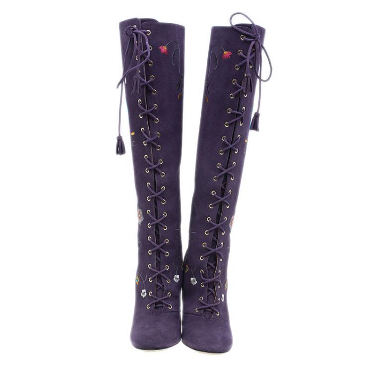 مملوكة مسبقًا Jimmy Choo Purple Suede Floral Embroidered Colorado Knee Boots Size 38 