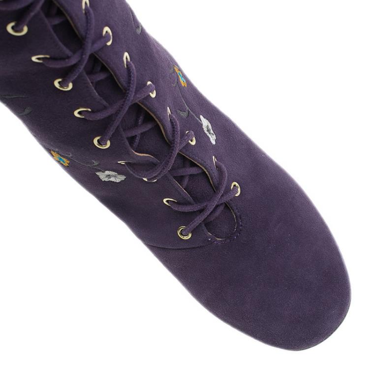 مملوكة مسبقًا Jimmy Choo Purple Suede Floral Embroidered Colorado Knee Boots Size 38 