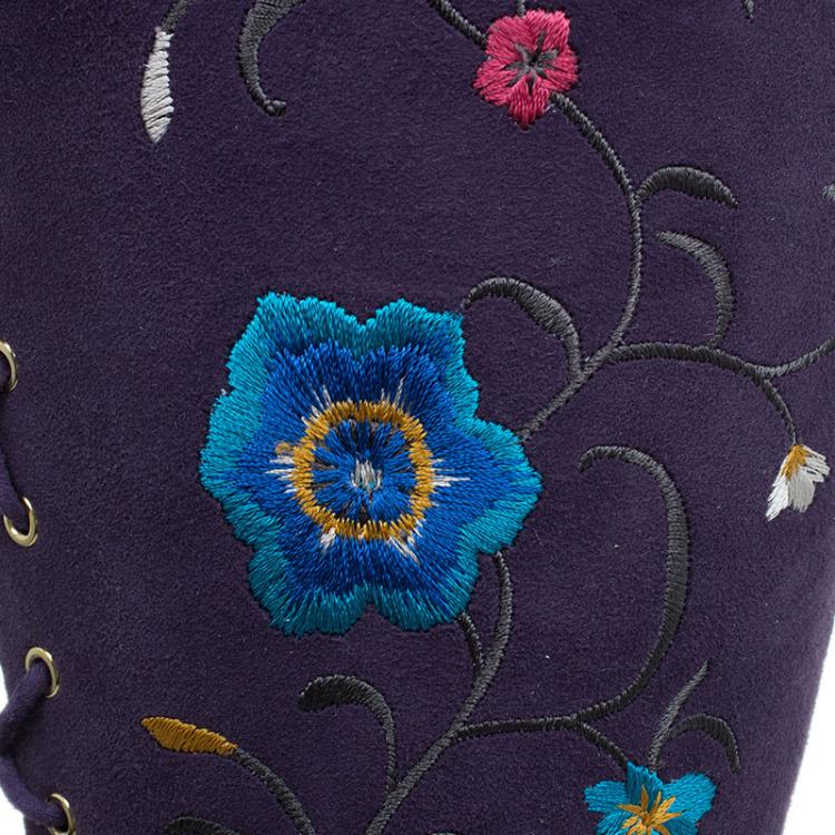 مملوكة مسبقًا Jimmy Choo Purple Suede Floral Embroidered Colorado Knee Boots Size 38 