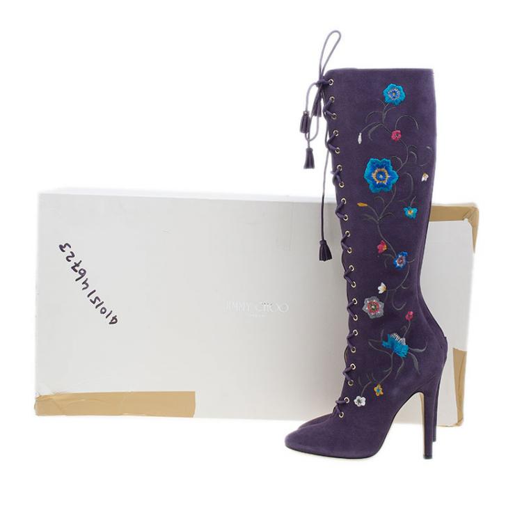 مملوكة مسبقًا Jimmy Choo Purple Suede Floral Embroidered Colorado Knee Boots Size 38 
