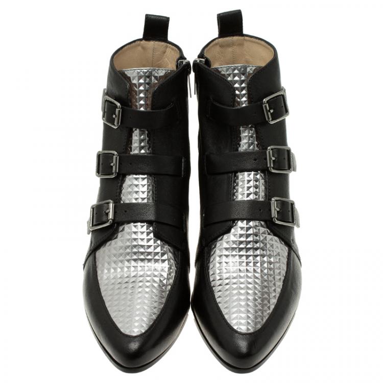 Pre Owned Jimmy Choo Black and Silver Metallic Leather Marlin Boots Size 39 