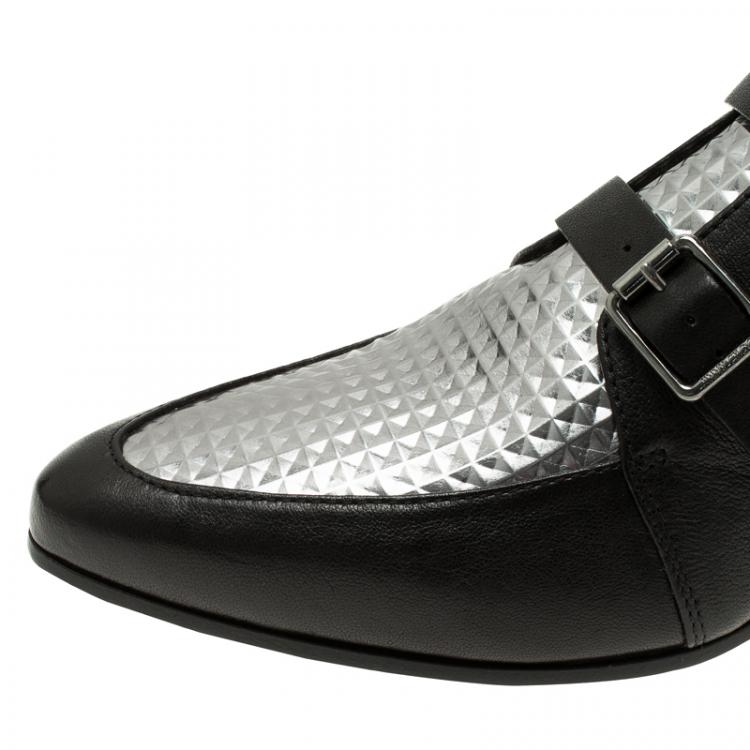 Pre Owned Jimmy Choo Black and Silver Metallic Leather Marlin Boots Size 39 