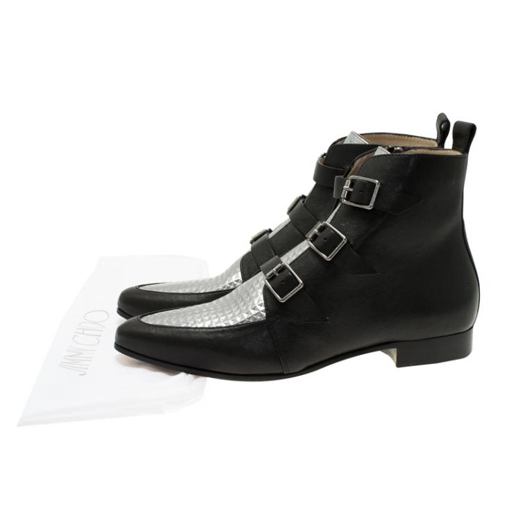 Pre Owned Jimmy Choo Black and Silver Metallic Leather Marlin Boots Size 39 