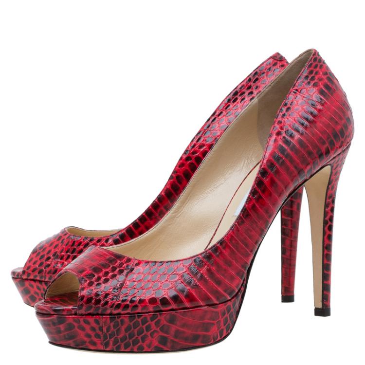 Pre Owned Jimmy Choo Red Python Dahlia Peep Toe Platform Pumps Size 41