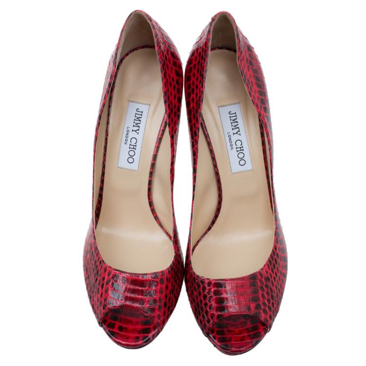 Pre Owned Jimmy Choo Red Python Dahlia Peep Toe Platform Pumps Size 41