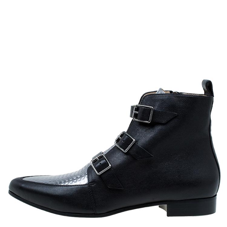 Pre Owned Jimmy Choo Black and Silver Leather Marlin Ankle Boots Size 41 