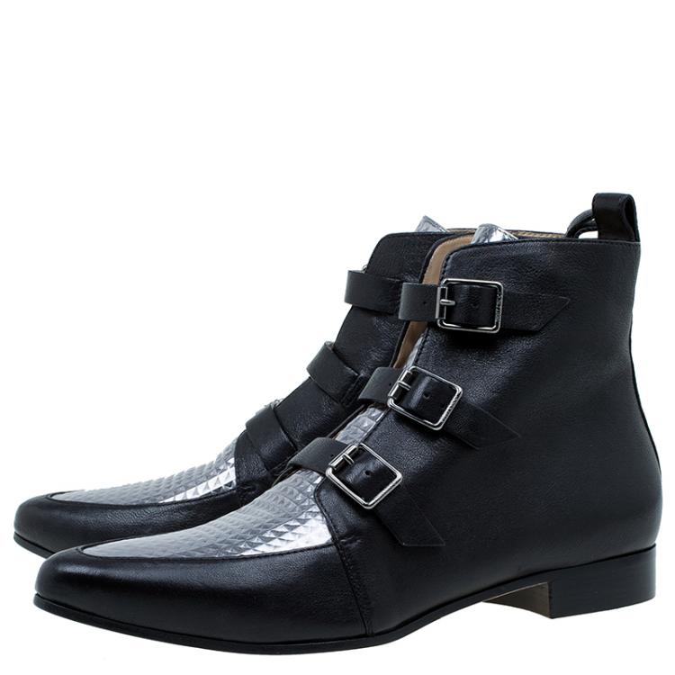 Pre Owned Jimmy Choo Black and Silver Leather Marlin Ankle Boots Size 41 