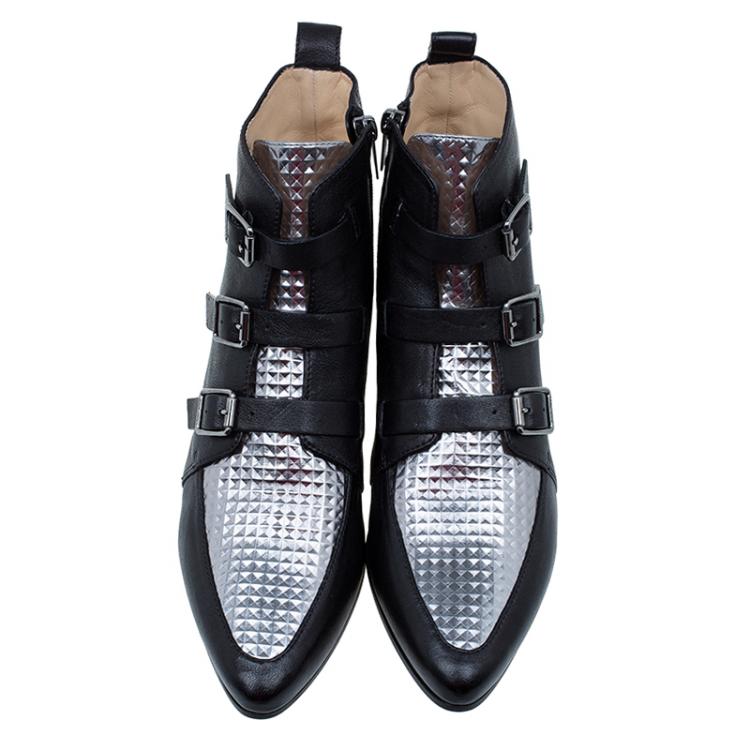 Pre Owned Jimmy Choo Black and Silver Leather Marlin Ankle Boots Size 41 