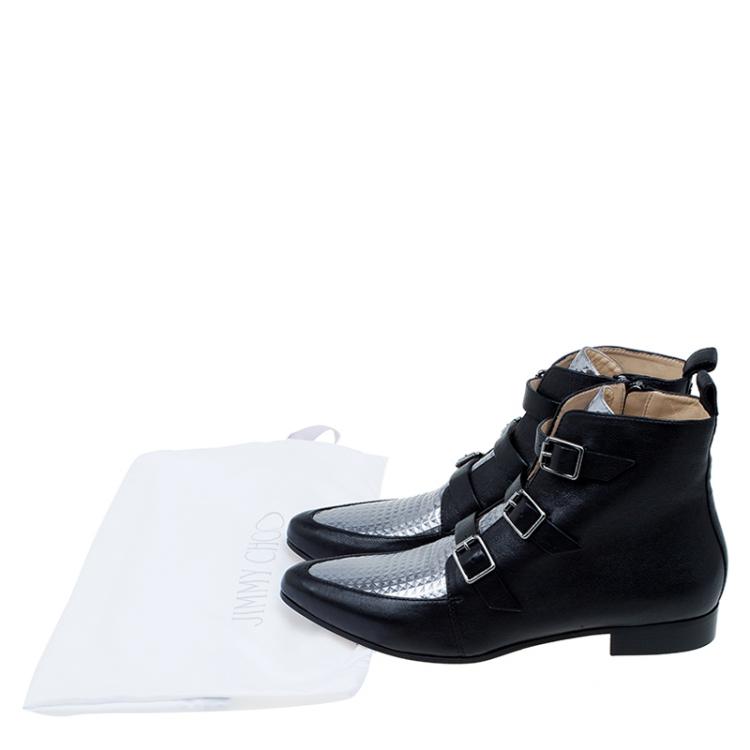 Pre Owned Jimmy Choo Black and Silver Leather Marlin Ankle Boots Size 41 