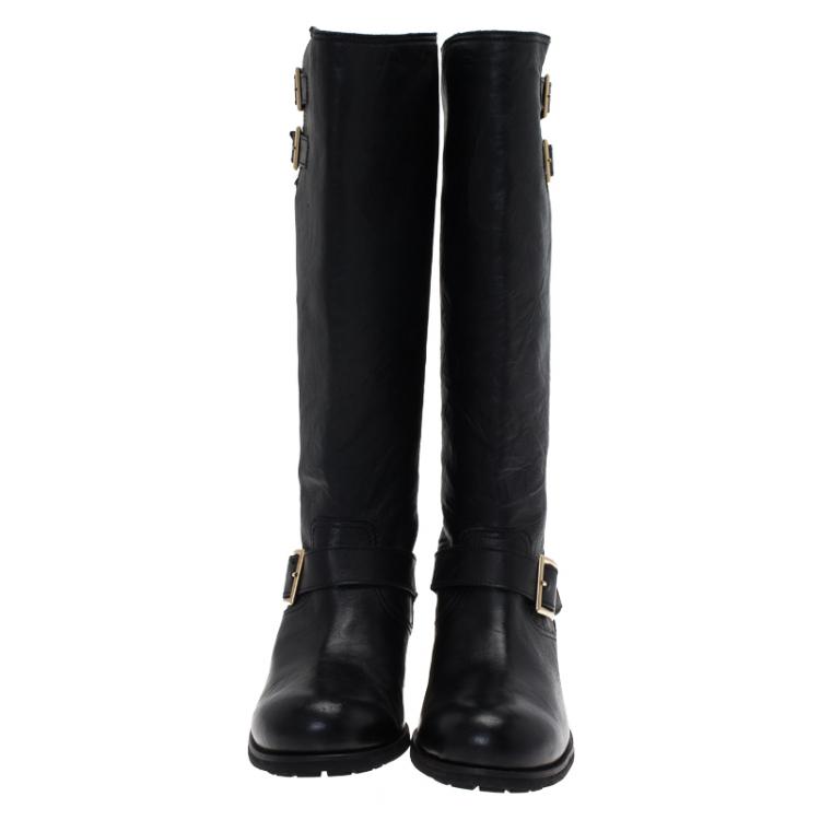 Pre Owned Jimmy Choo Black Wrinkled Leather Yule Biker Boots Size 39.5
