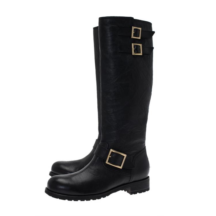 Pre Owned Jimmy Choo Black Wrinkled Leather Yule Biker Boots Size 39.5