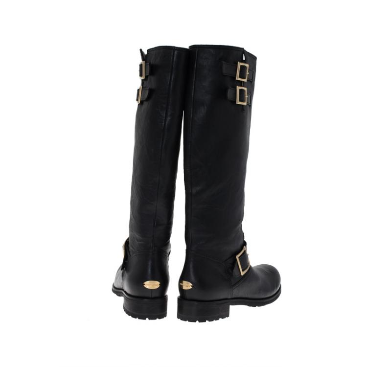 Pre Owned Jimmy Choo Black Wrinkled Leather Yule Biker Boots Size 39.5