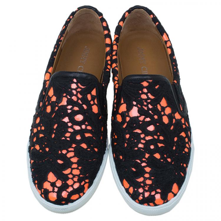 Pre Owned Jimmy Choo Black and Orange Demi Lace Slippers Size 39