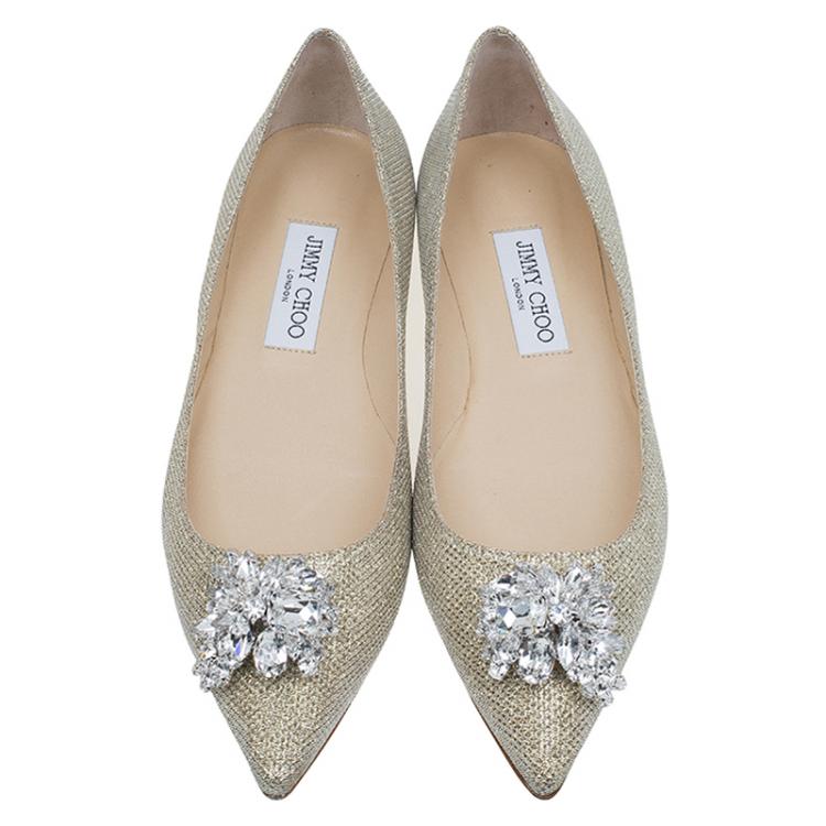 Pre Owned Jimmy Choo Gold Lamé Crystal Embellished Gayne Ballet Flats Size 38.5