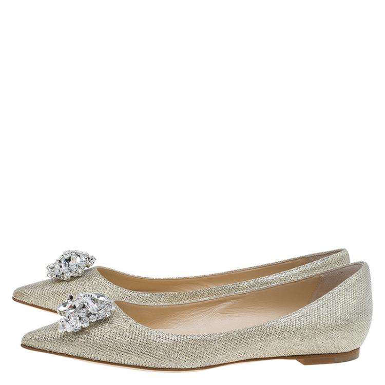 Pre Owned Jimmy Choo Gold Lamé Crystal Embellished Gayne Ballet Flats Size 38.5