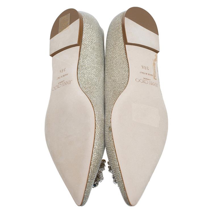Pre Owned Jimmy Choo Gold Lamé Crystal Embellished Gayne Ballet Flats Size 38.5