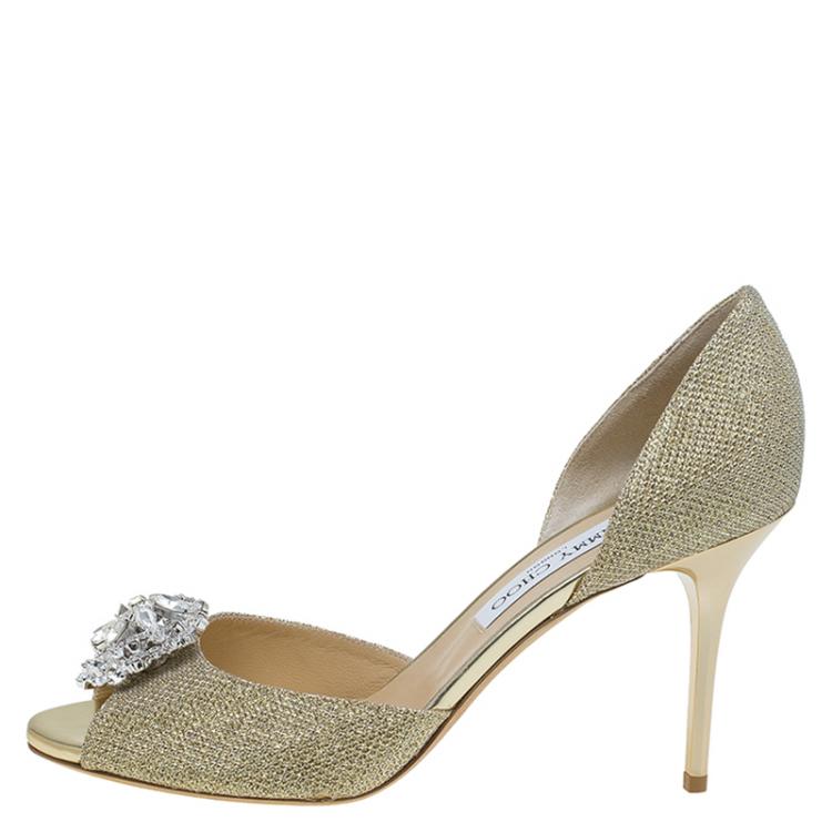 Pre Owned Jimmy Choo Gold Lamé Crystal Embellished Hydra D'Orsay Pumps Size 40