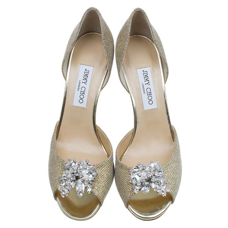 Pre Owned Jimmy Choo Gold Lamé Crystal Embellished Hydra D'Orsay Pumps Size 40