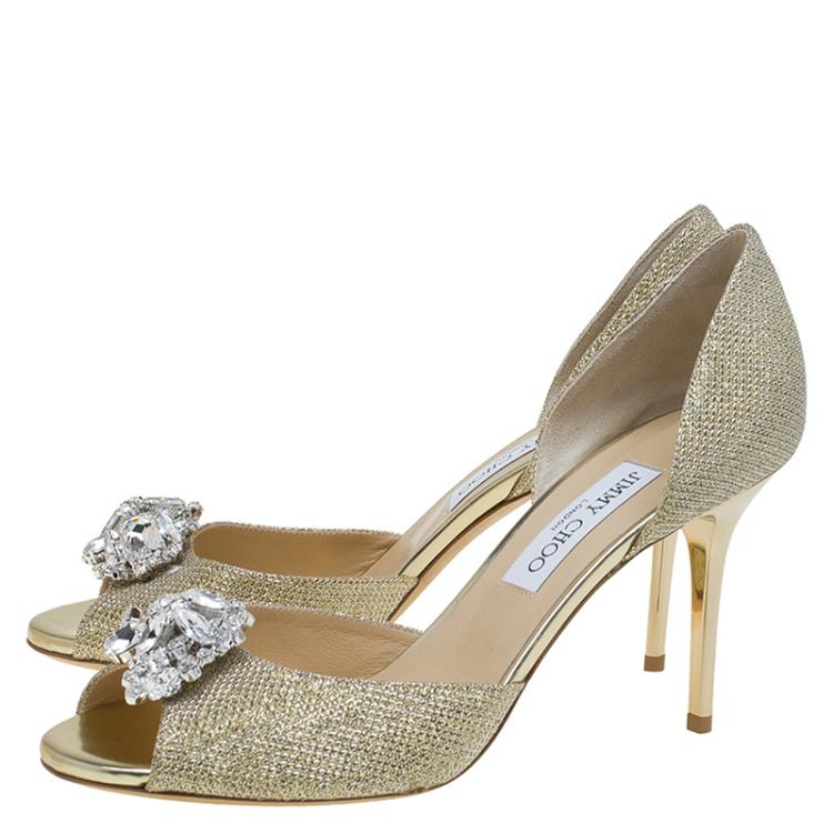 Pre Owned Jimmy Choo Gold Lamé Crystal Embellished Hydra D'Orsay Pumps Size 40