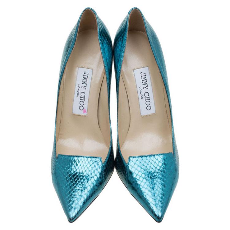 Pre Owned Jimmy Choo Blue Metallic Watersnake Avril Pumps Size 35.5