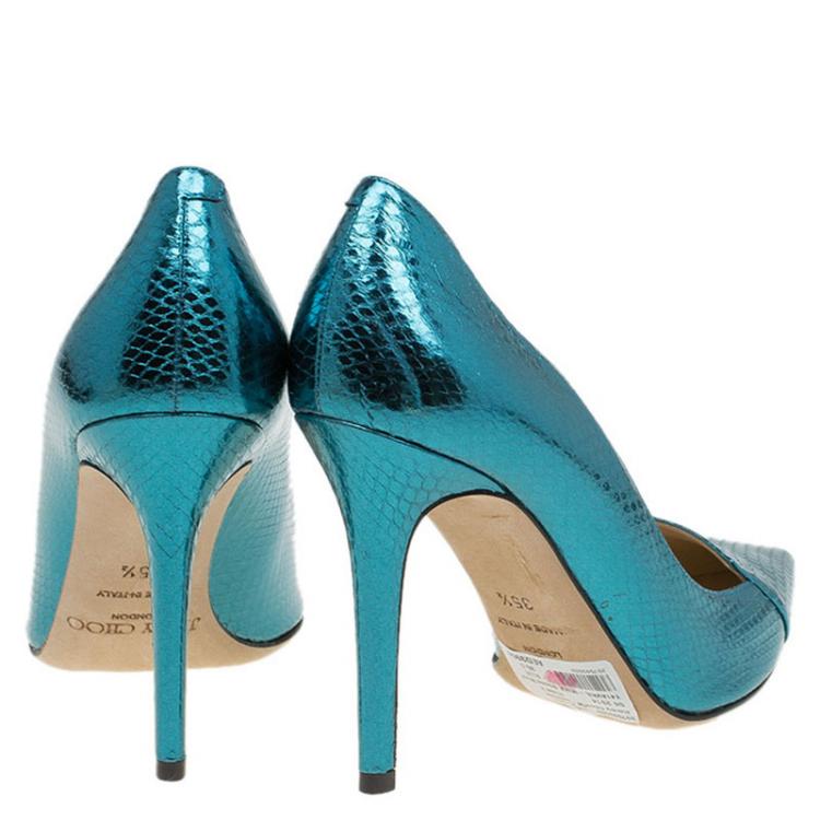 Pre Owned Jimmy Choo Blue Metallic Watersnake Avril Pumps Size 35.5