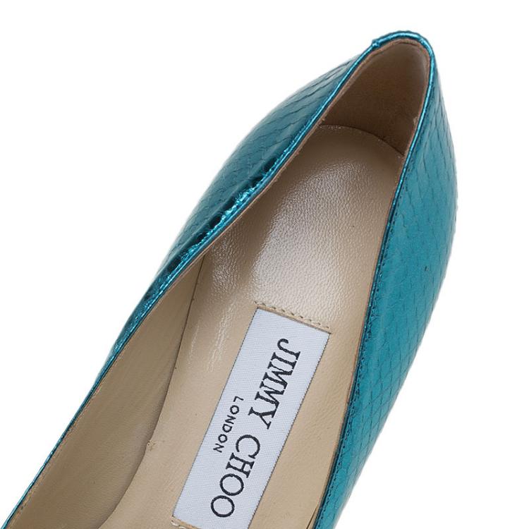 Pre Owned Jimmy Choo Blue Metallic Watersnake Avril Pumps Size 35.5