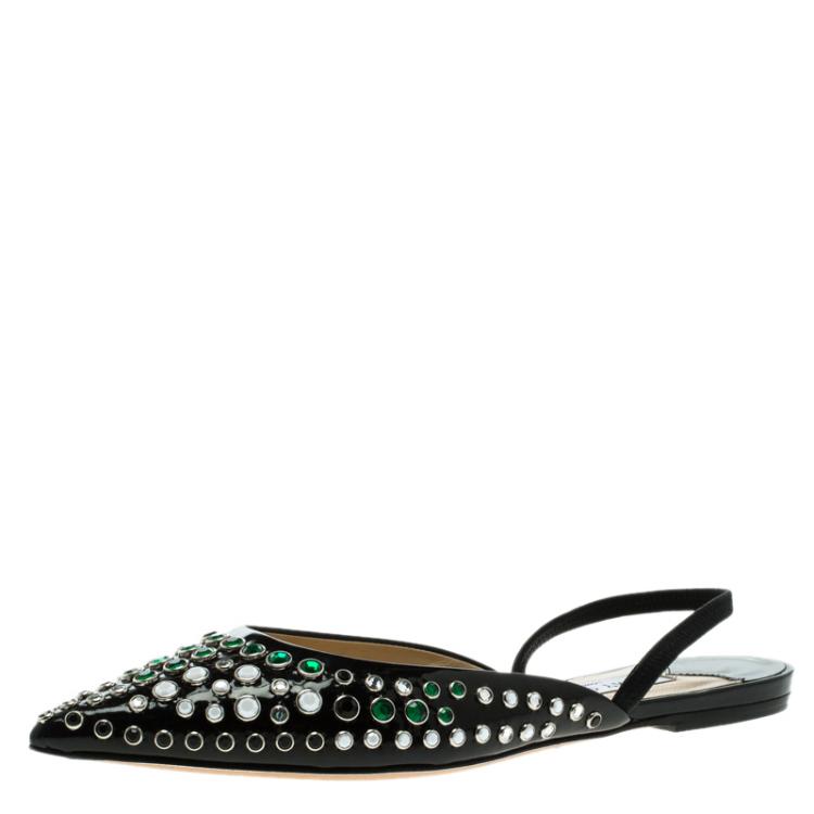 Pre Owned Jimmy Choo Black Embellished Leather Genoa Pointed Toe Slingback Flat Sandals Size 39.5