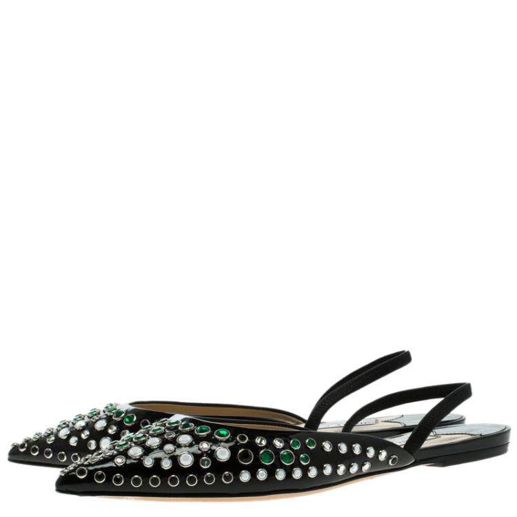 Pre Owned Jimmy Choo Black Embellished Leather Genoa Pointed Toe Slingback Flat Sandals Size 39.5